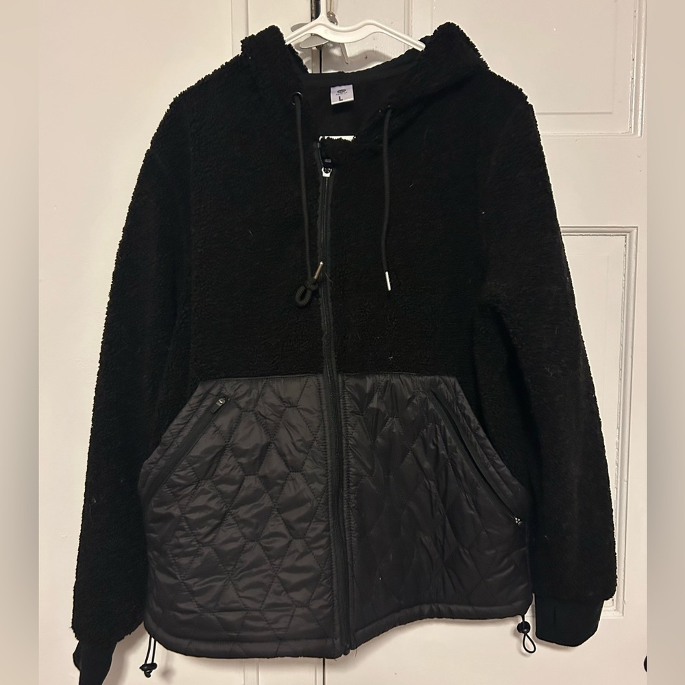 Senita black Teddy hoodie with Quilted nylon pouch pocket detail.